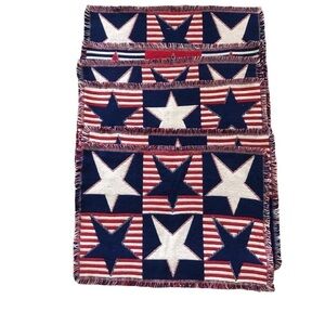 Country Americana Stars Stripes Placemats X6 Red White Blue Fringe Edge 18X13”